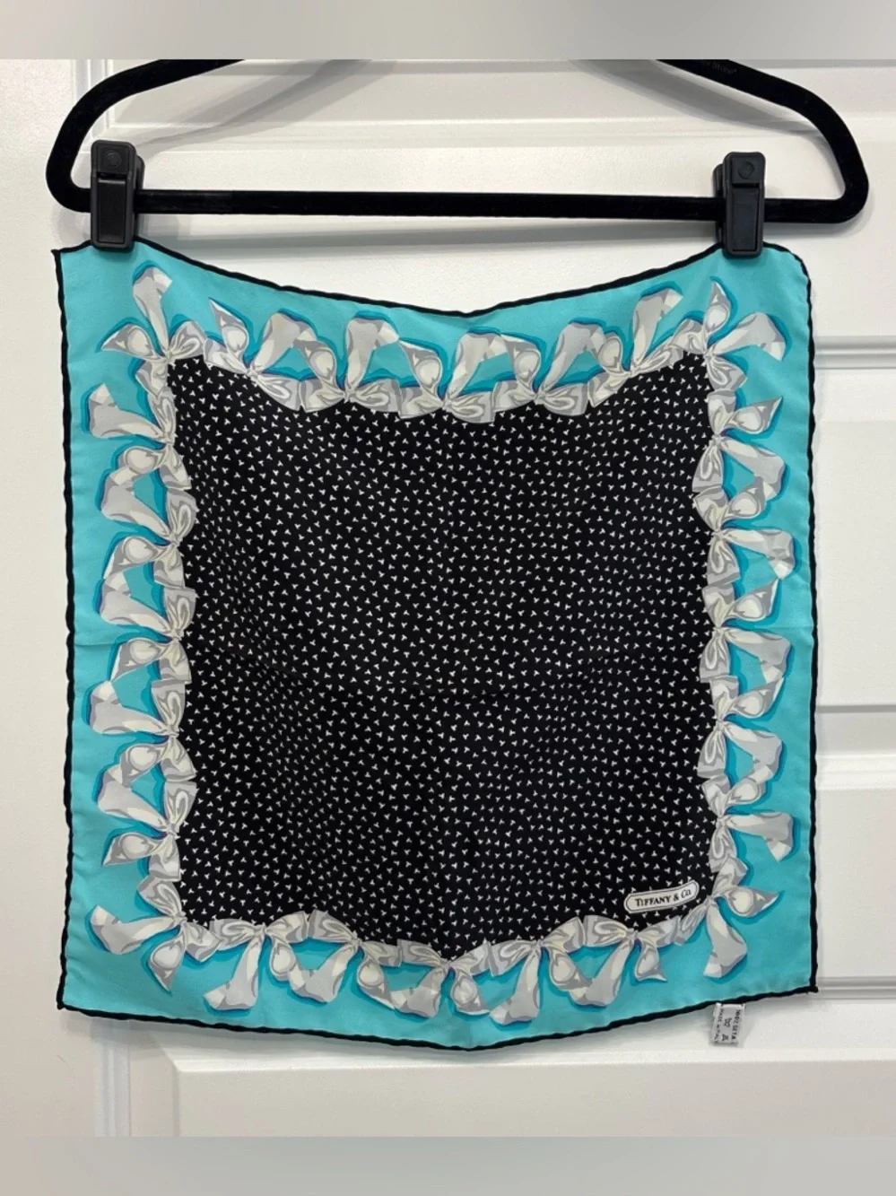 Tiffany & Co. Black and Blue Silk Square Scarf with Bows